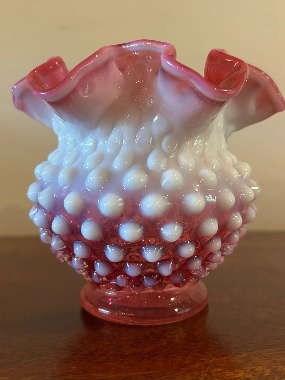 Vintage Fenton Hobnail Pink and White Glass Vase - 4.5” tall